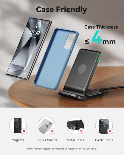 INIU 15W Fast Wireless Charger Stand – Qi-Certified, Sleep-Friendly Light, TempGuard, Dual-Coil, Compatible with iPhone, Samsung Galaxy, Pixel & More