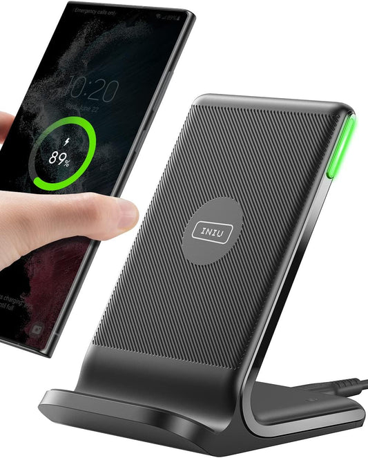 INIU 15W Fast Wireless Charger Stand – Qi-Certified, Sleep-Friendly Light, TempGuard, Dual-Coil, Compatible with iPhone, Samsung Galaxy, Pixel & More
