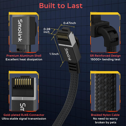 Smolink Cat 8 Ethernet Cable 50ft – 40Gbps 2000MHz High Speed Flat LAN Cable, Nylon Braided Shielded S/FTP RJ45 Heavy Duty Network Cable for Gaming, Router, Modem, PC, Xbox, PS4/PS5