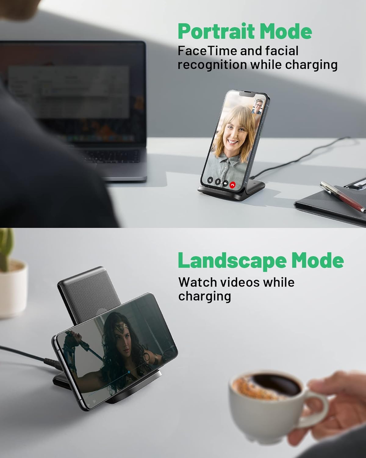INIU 15W Fast Wireless Charger Stand – Qi-Certified, Sleep-Friendly Light, TempGuard, Dual-Coil, Compatible with iPhone, Samsung Galaxy, Pixel & More