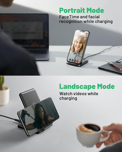 INIU 15W Fast Wireless Charger Stand – Qi-Certified, Sleep-Friendly Light, TempGuard, Dual-Coil, Compatible with iPhone, Samsung Galaxy, Pixel & More