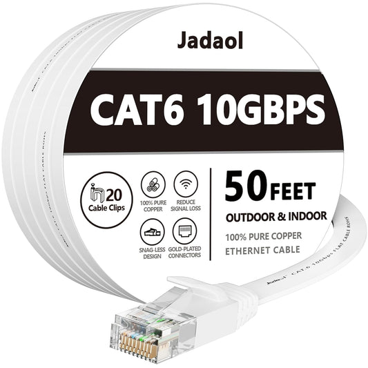 Jadaol Cat6 Ethernet Cable – 50ft Flat Network Cable, 10Gbps, 250MHz, Indoor & Outdoor, White, with 20 Cable Clips