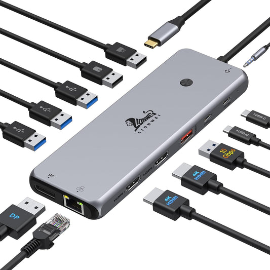USB C Docking Station 13-in-1 Triple Display Hub with 2× 4K HDMI, DisplayPort, 100W PD, 10Gbps USB-C, 8 USB Ports, Ethernet & Audio – Compatible with MacBook, Dell, HP, Lenovo ThinkPad & Surface