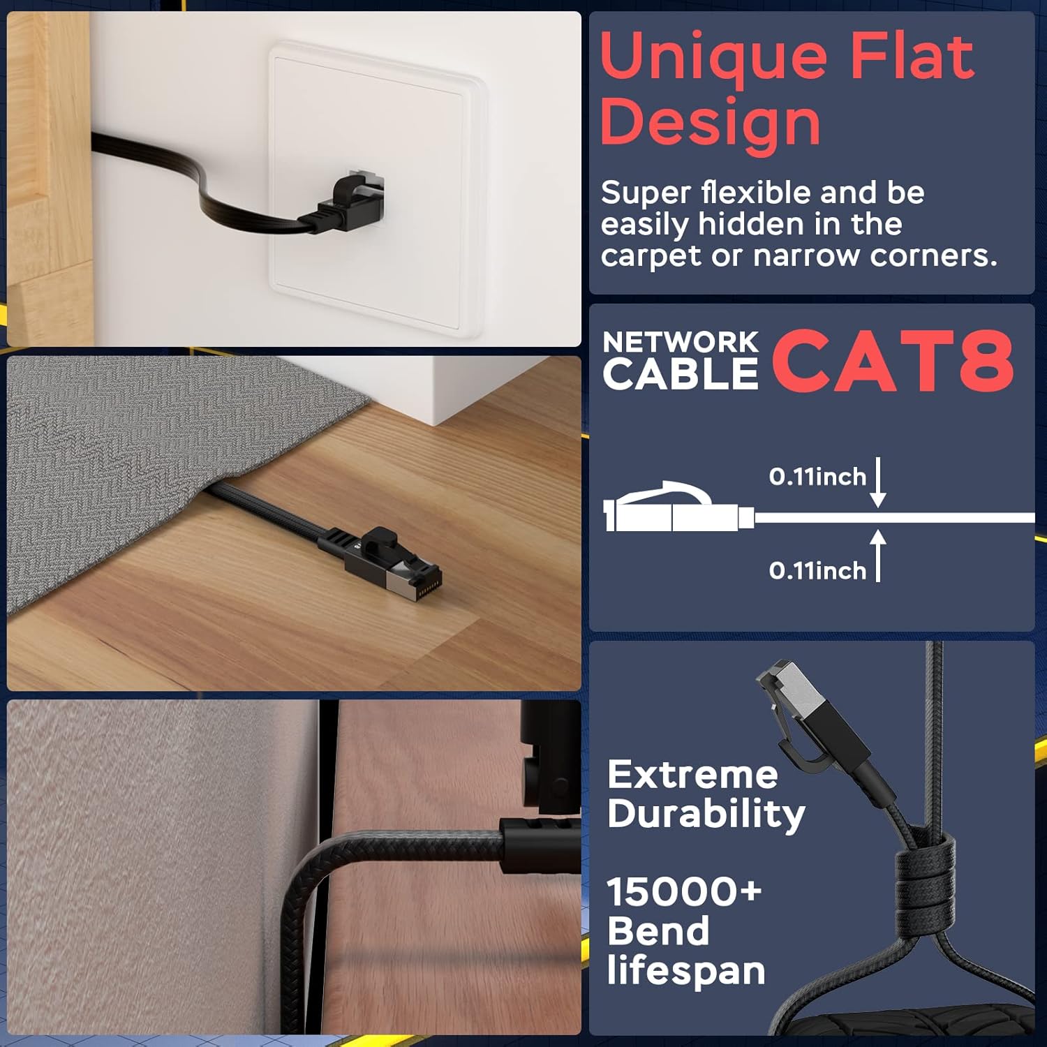 Smolink Cat 8 Ethernet Cable 50ft – 40Gbps 2000MHz High Speed Flat LAN Cable, Nylon Braided Shielded S/FTP RJ45 Heavy Duty Network Cable for Gaming, Router, Modem, PC, Xbox, PS4/PS5