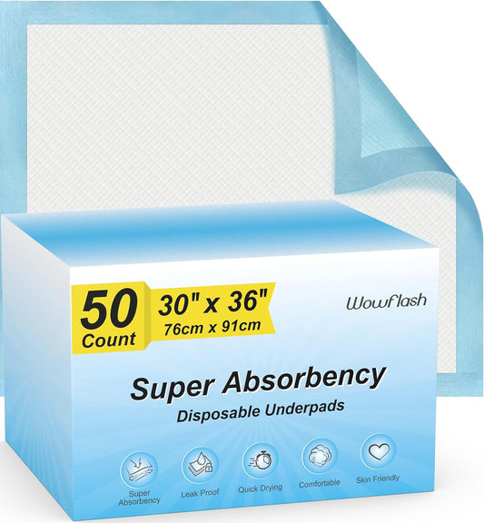 50-Pack 30"x36" Super Absorbent Disposable Underpads – Leakproof Bed Pads for Babies, Adults & Pets, XXL Quick-Dry Incontinence Pads
