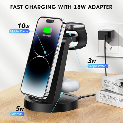 3-in-1 Wireless Charging Station – Fast Charger Dock for iPhone, Apple Watch & AirPods (Adapter Included)