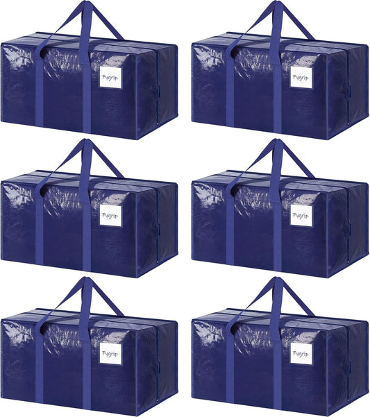 6-Pack Extra Heavy Duty Large Moving Bags – Durable Clothes Storage Bags with Strong Zipper & Handles, Blue Totes for College & Home