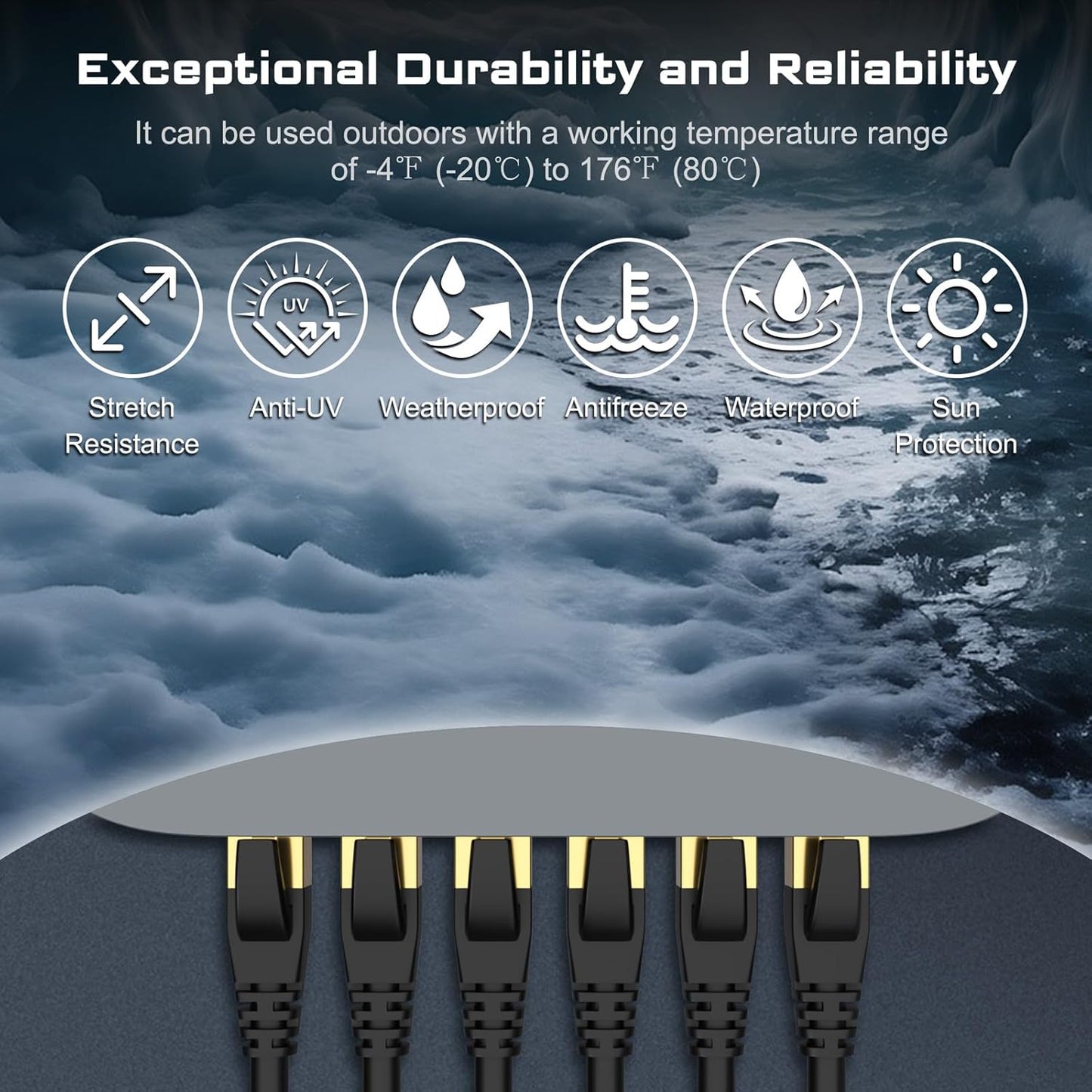 DbillionDa Cat8 Ethernet Cable 6FT – Heavy Duty Outdoor & Indoor, 40Gbps, 2000MHz, 26AWG, Gold-Plated RJ45, Weatherproof & UV Resistant