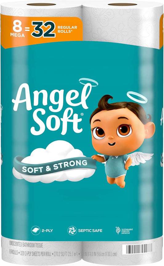 Angel Soft Toilet Paper, 8 Mega Rolls = 32 Regular Rolls, Soft and Strong Toilet Tissue