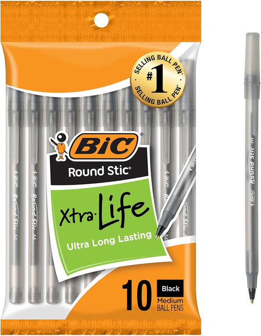 BIC Round Stic Xtra Life Ballpoint Pens – Black, Medium 1.0mm, 10-Pack, Comfortable Writing, No.1 Best-Selling Pen