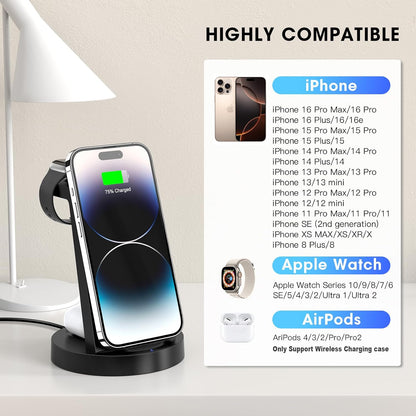 3-in-1 Wireless Charging Station – Fast Charger Dock for iPhone, Apple Watch & AirPods (Adapter Included)