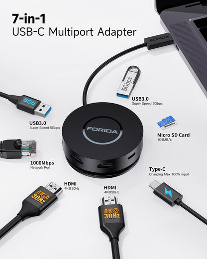 FORIDA Mini USB-C Docking Station 7-in-1 – Dual HDMI, Gigabit Ethernet, 100W PD, USB 3.0, Micro SD Reader – MacBook, Dell, HP, Lenovo, Surface