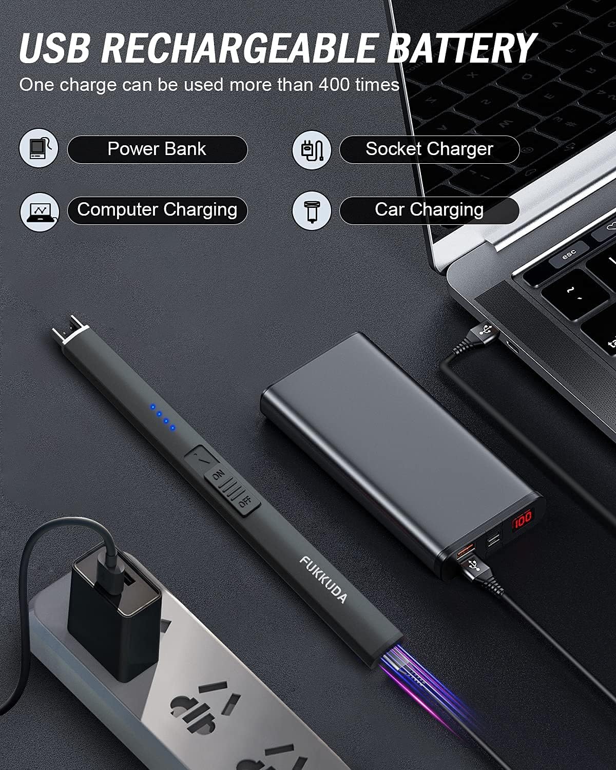 FUKKUDA USB Rechargeable Plasma Arc Candle Lighter – Windproof & Flameless (Black)