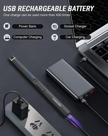 FUKKUDA USB Rechargeable Plasma Arc Candle Lighter – Windproof & Flameless (Black)