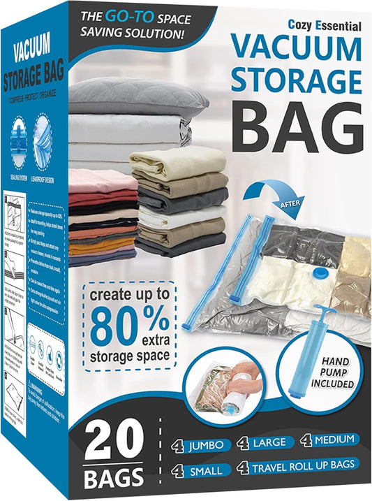20 Pack Vacuum Storage Bags with Hand Pump – Space Saver Compression Bags (Jumbo, Large, Medium, Small, Roll) for Clothes, Blankets & Bedding
