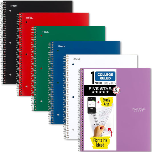 Five Star Spiral Notebook 6-Pack – 1 Subject, College Ruled, 8.5"x11", 100 Sheets, Ink Bleed Resistant, Water-Resistant Cover, Assorted Colors