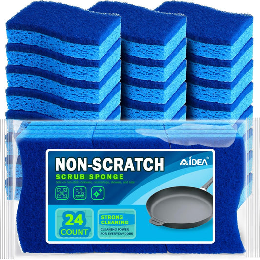 AIDEA Non-Scratch Scrub Sponges – 24-Pack Kitchen Sponges for Dishes, Cleans Fast Without Scratching, Tough on Grime