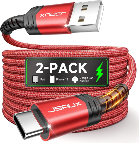 JSAUX USB-C Cable 2-Pack 6.6 ft – USB-A to USB-C, 3.1A Fast Charging, Compatible with iPhone 16/15 Series, Samsung S20/S10/S9, Note 20/10, CarPlay