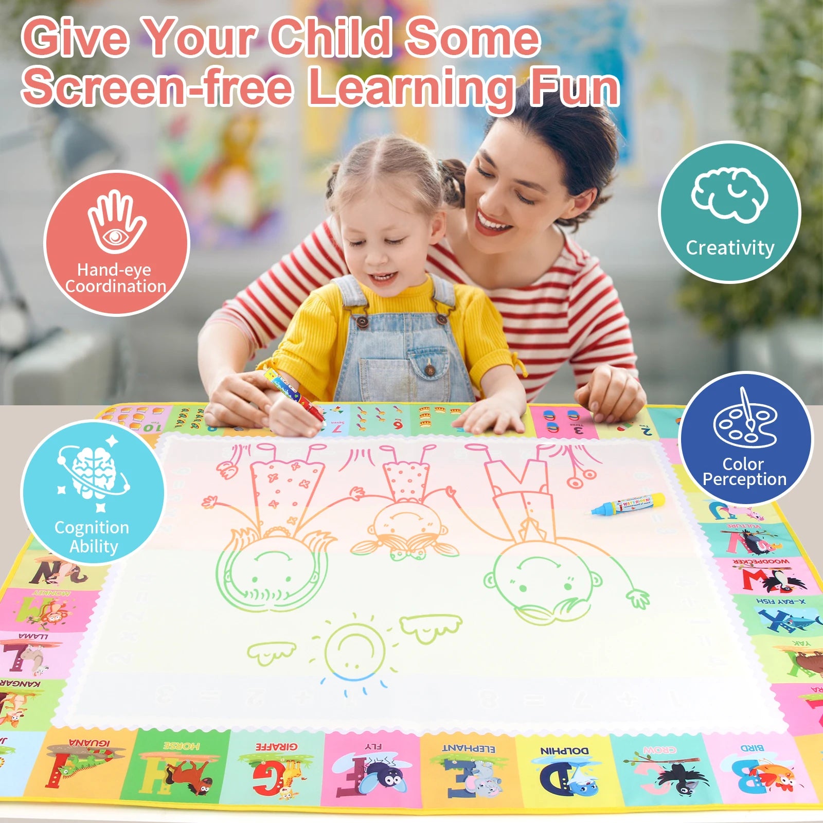 Magic Water Drawing Mat with Reusable Pens 100×80cm – Montessori Educational Doodle Painting Board for Kids – Mess-Free, Reusable & Foldable