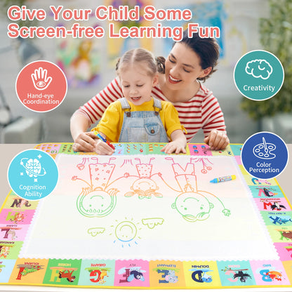 Magic Water Drawing Mat with Reusable Pens 100×80cm – Montessori Educational Doodle Painting Board for Kids – Mess-Free, Reusable & Foldable
