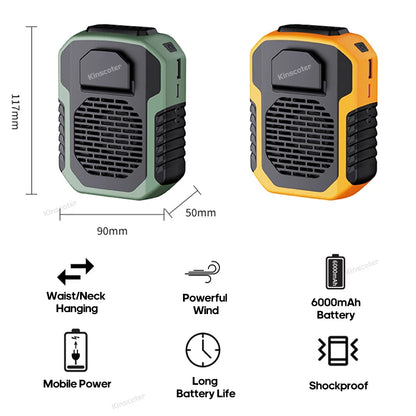 6000mAh Hanging Neck & Waist Fan – USB Mini Portable Rechargeable Fan with Power Bank Function – 3 Speeds – Outdoor Camping, Hiking, Running, Sports
