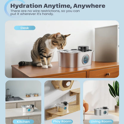 108Oz / 3.2L Stainless Steel Wireless Cat & Dog Water Fountain – Rechargeable Automatic Pet Drinker with Motion Sensor Bowl